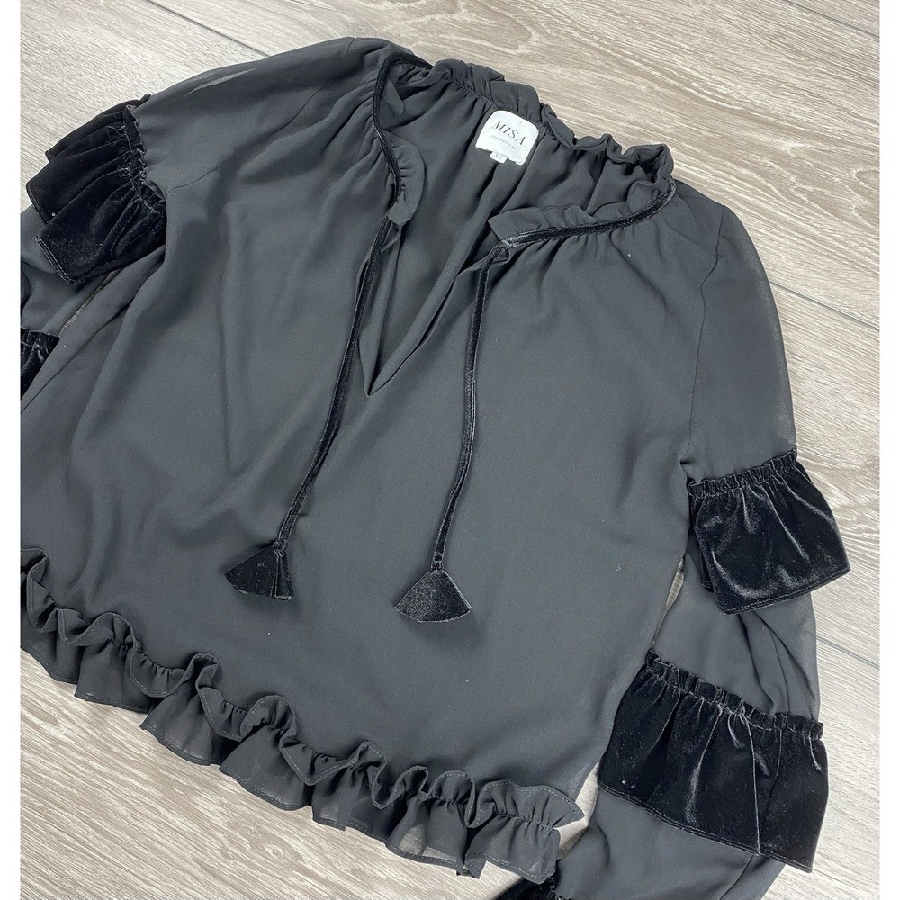 Misa Women's‎ Emeline Velvet Ruffle Long Sleeve Blouse Black Size XS Read